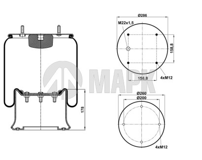 SP 554028-K Пневморессора 4028C05 с металлическим стаканом (2шп.M12 смещ.25 1отв-шт.M22) (Sampa)